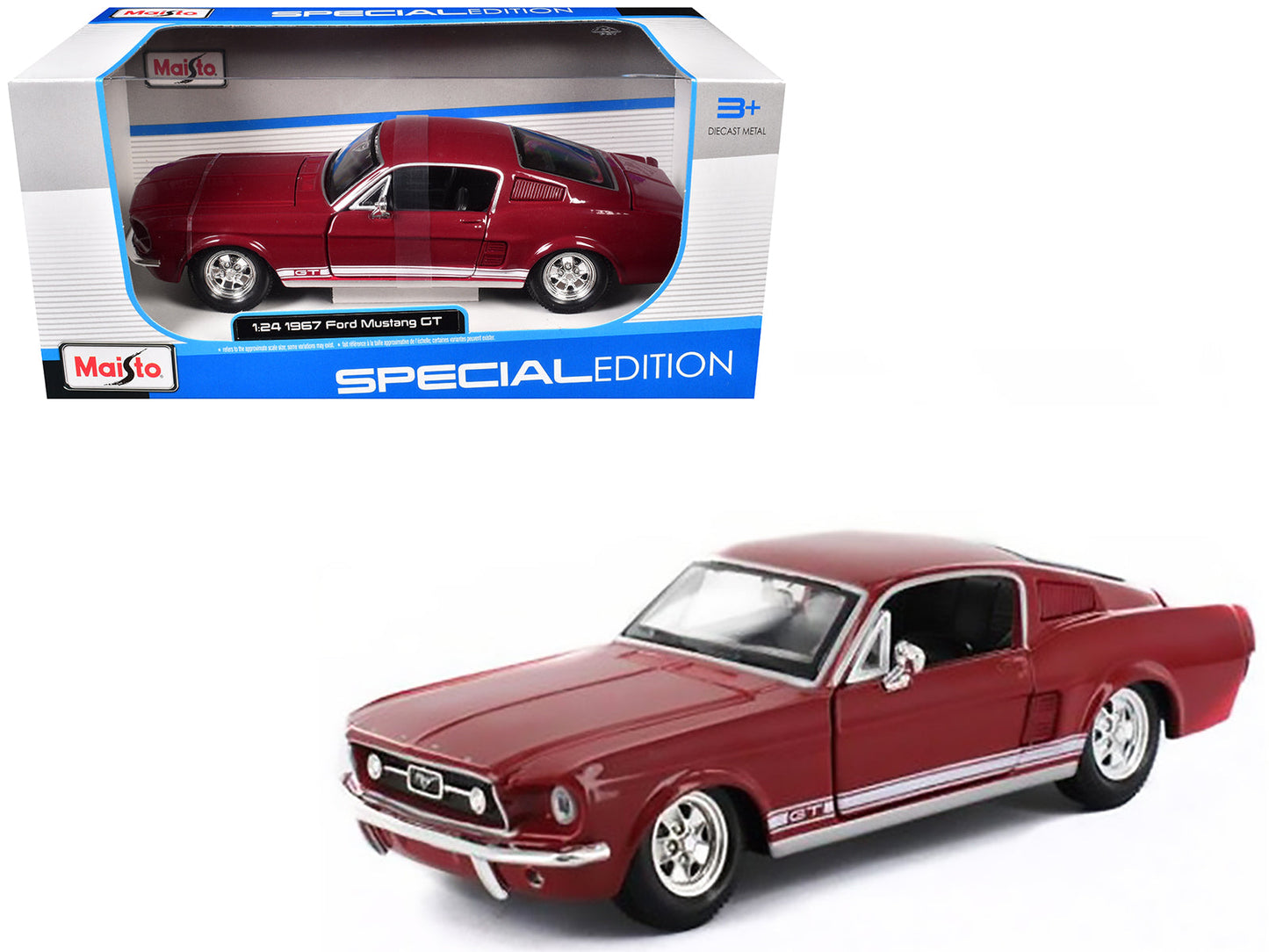 1967 Ford Mustang GT Red with White Stripes 1/24 Diecast Model Car by Maisto free shipping USA