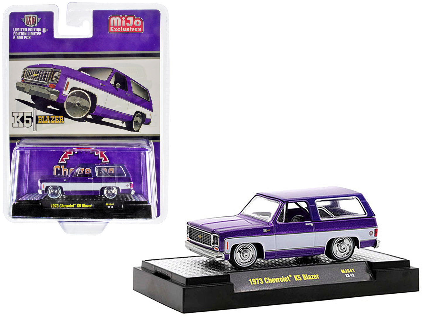 1973 Chevrolet K5 Blazer Purple Metallic and White Limited Edition to 6600 pieces Worldwide 1/64 Diecast Model Car by M2 Machines free shipping USA
