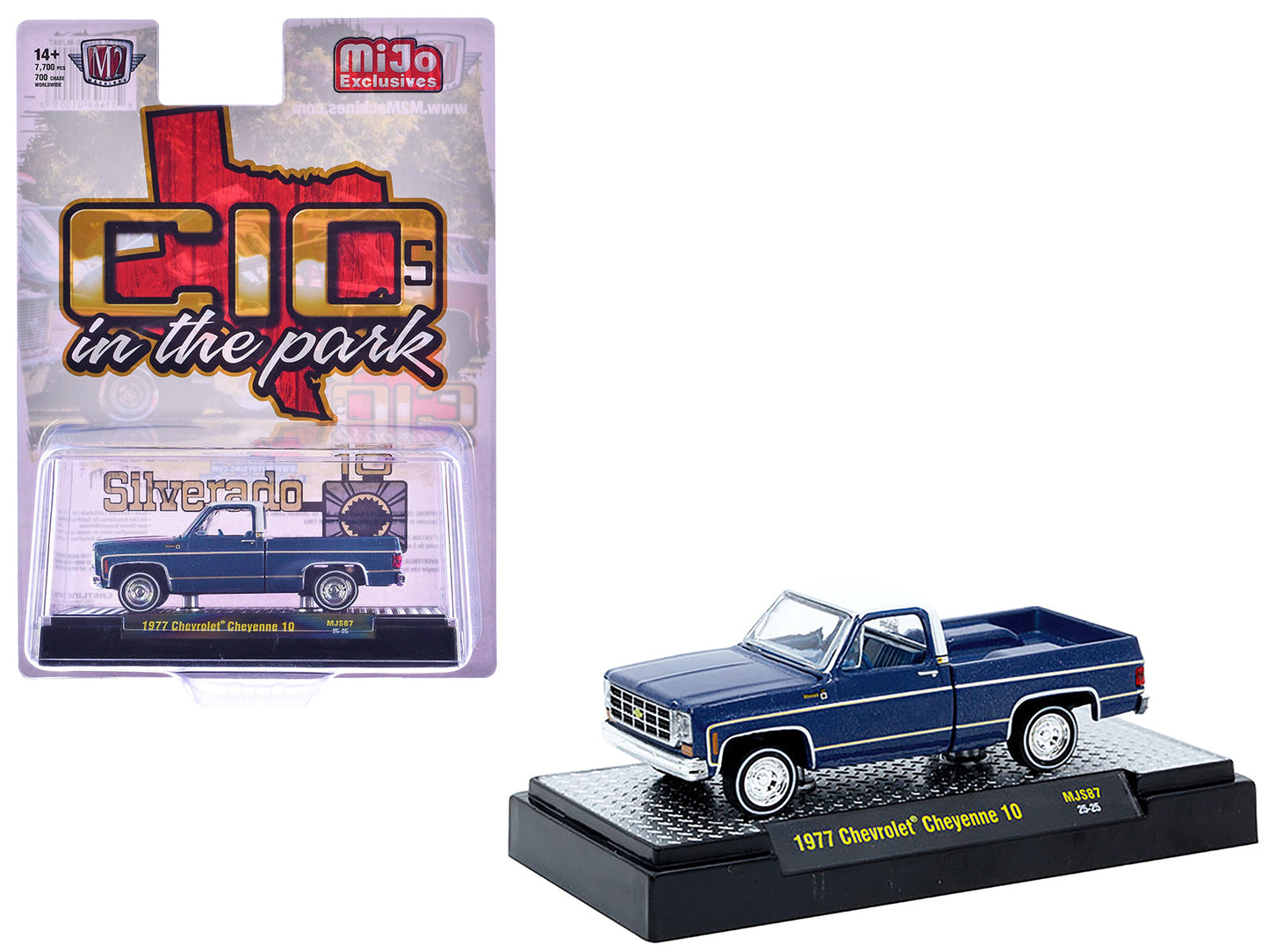 1977 Chevrolet Cheyenne 10 Pickup Truck Blue Metallic with White Top and Blue Interior Limited Edition to 7700 pieces Worldwide 1/64 Diecast Model Car by M2 Machines free shipping USA