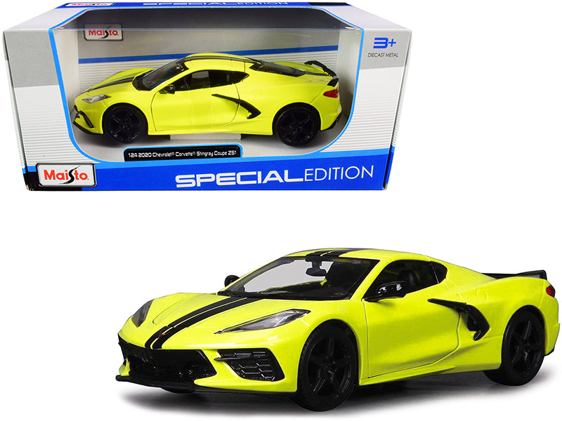 2020 Chevrolet Corvette Stingray Z51 Coupe Yellow with Black Stripes 1/24 Diecast Model Car by Maisto free shipping USA