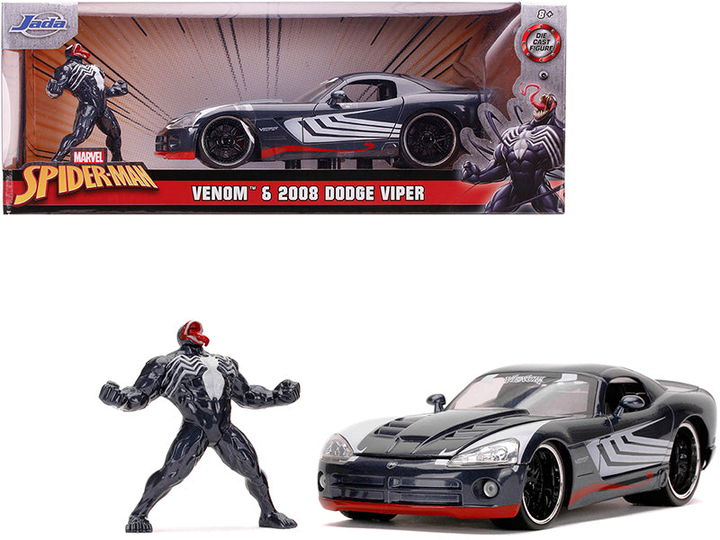 2008 Dodge Viper SRT10 Dark Gray with Venom Diecast Figurine "Spider-Man" "Marvel" Series 1/24 Diecast Model Car by Jada free shipping USA