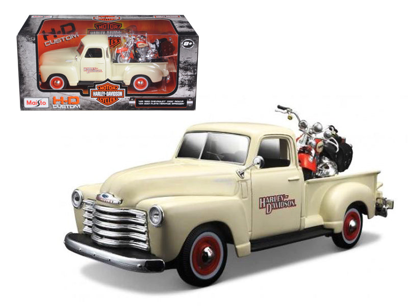 1950 Chevrolet 3100 Pickup Truck Cream 1/25 and 2001 FLSTS Heritage Springer Motorcycle Orange 1/24 "Harley-Davidson Custom" Series Diecast Models by Maisto free shipping USA