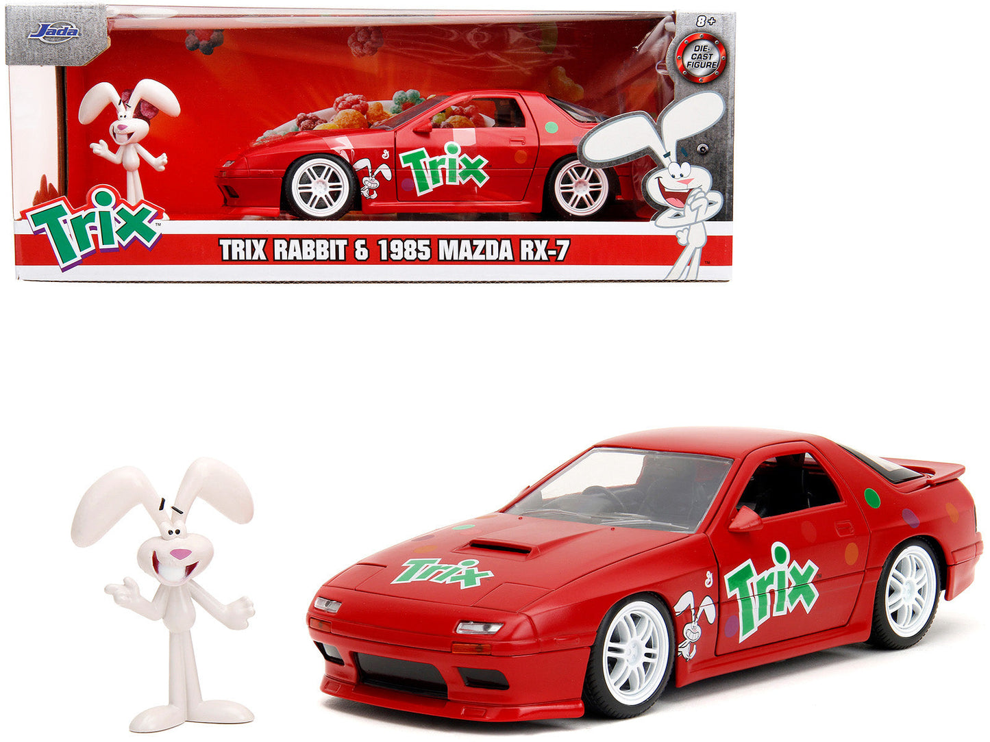 1985 Mazda RX-7 RHD (Right Hand Drive) Red with Graphics and Trix Rabbit Diecast Figure "Trix Cereal" "Hollywood Rides" Series 1/24 Diecast Model Car by Jada free shipping USA