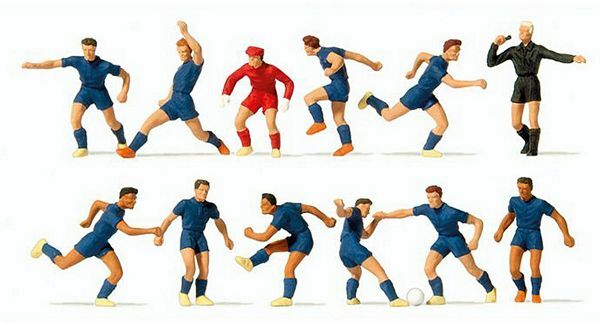 Preiser 10759 HO Scale Soccer Team with Referee pkg(12) Blue Shirts