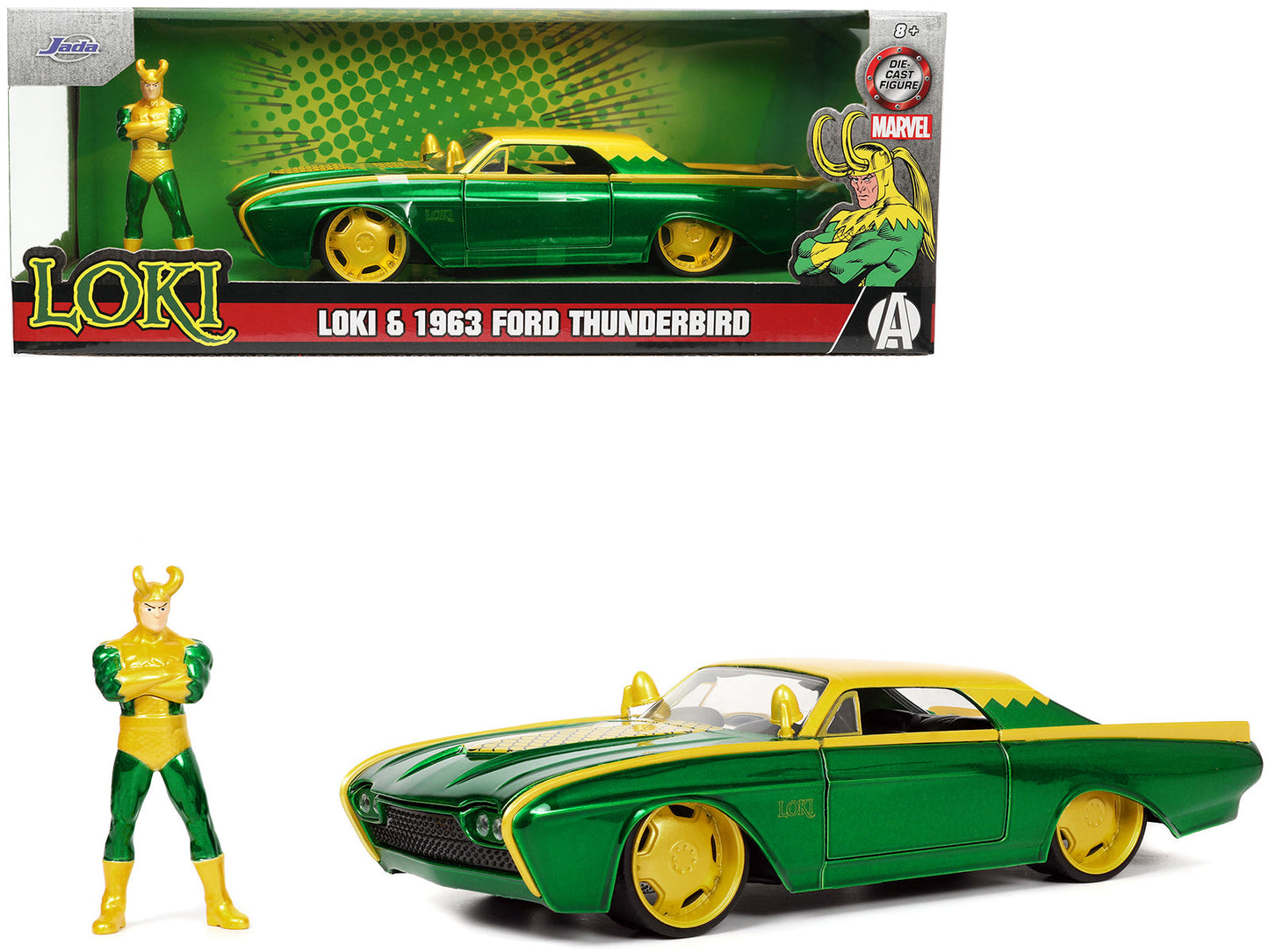 1963 Ford Thunderbird Green and Yellow Metallic with Hood Graphics and Loki Diecast Figure "Loki" "Marvel" Series 1/24 Diecast Model Car by Jada free shipping USA