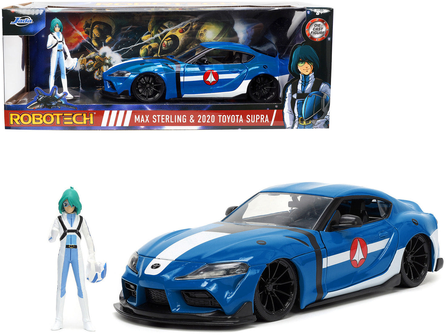2020 Toyota Supra Blue with Graphics and Max Sterling Diecast Figurine "Robotech" "Hollywood Rides" Series 1/24 Diecast Model Car by Jada free shipping USA