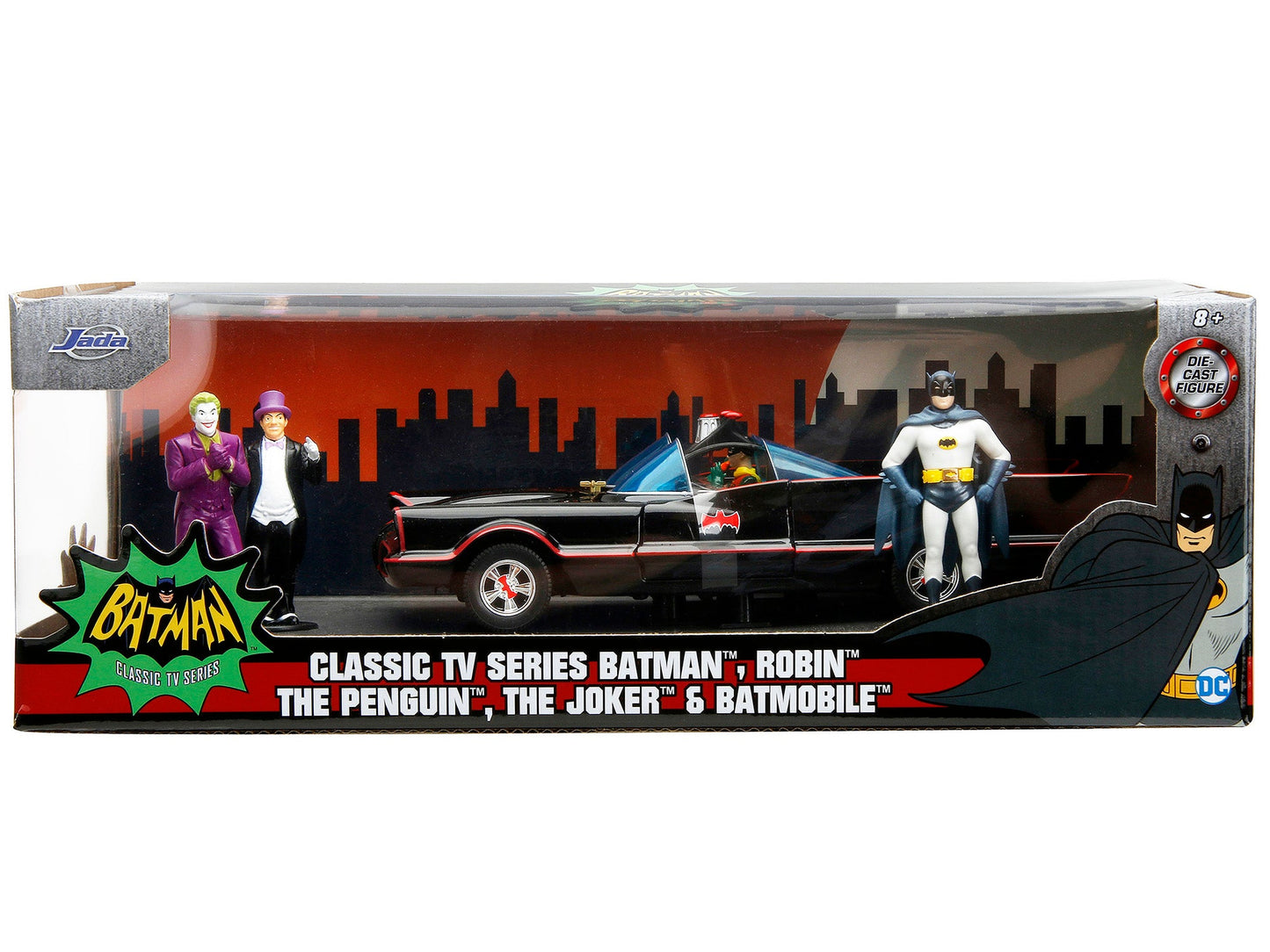 1966 Classic Batmobile with Diecast Batman The Joker The Penguin and Plastic Robin Sitting Inside The Car "Batman" TV Series (1966) "Hollywood Rides" Series 1/24 Diecast Model Car by Jada free shipping USA