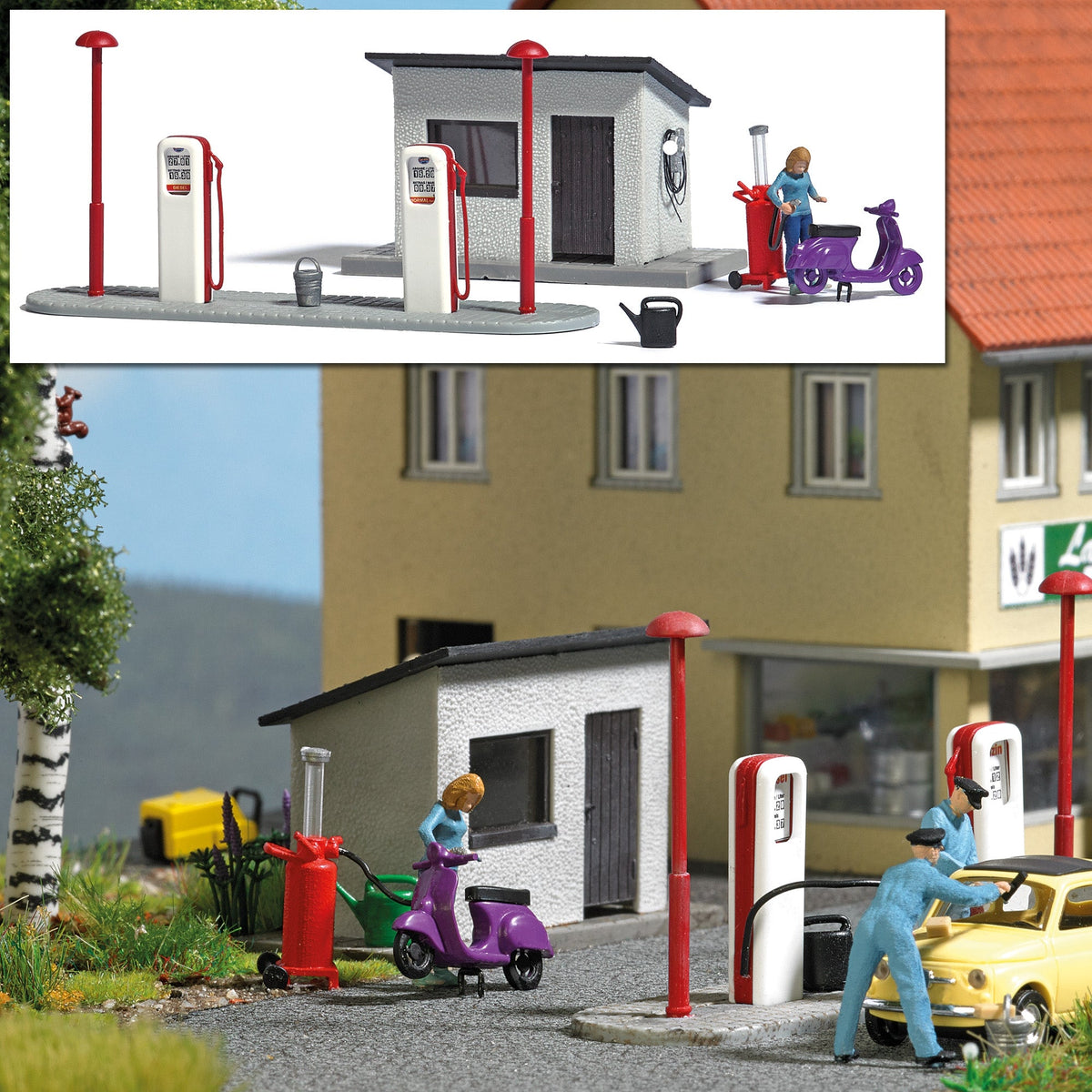 Busch 7832 HO Scale Gas Station with Scooter Action Set