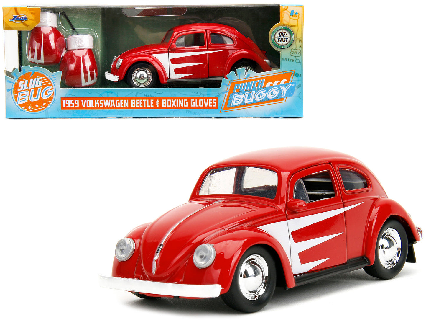 1959 Volkswagen Beetle Red with White Graphics and Boxing Gloves Accessory "Punch Buggy" Series 1/32 Diecast Model Car by Jada free shipping USA