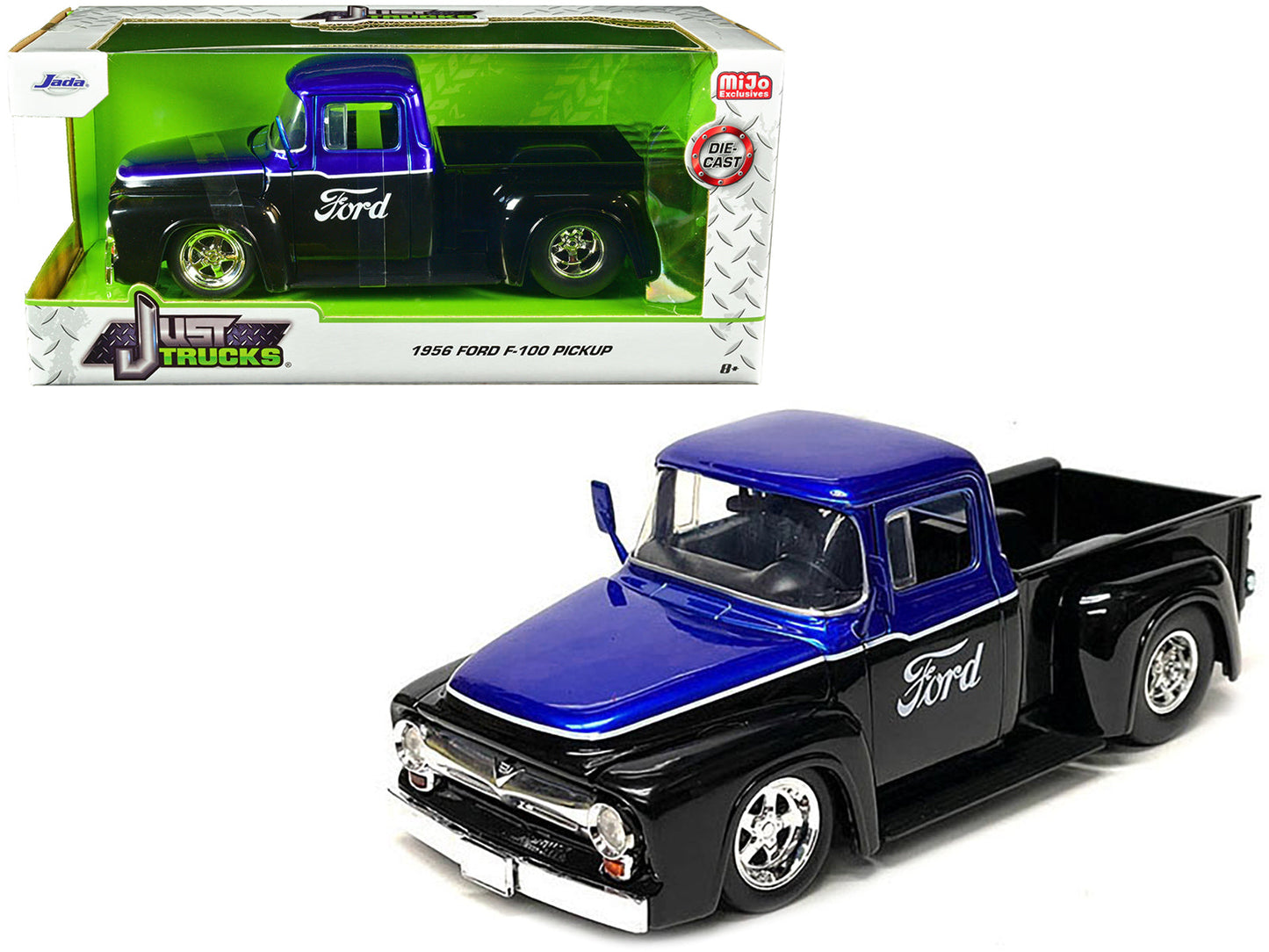 1956 Ford F-100 Pickup Truck Black and Blue Metallic with Ford Graphics "Just Trucks" Series 1/24 Diecast Model Car by Jada free shipping USA