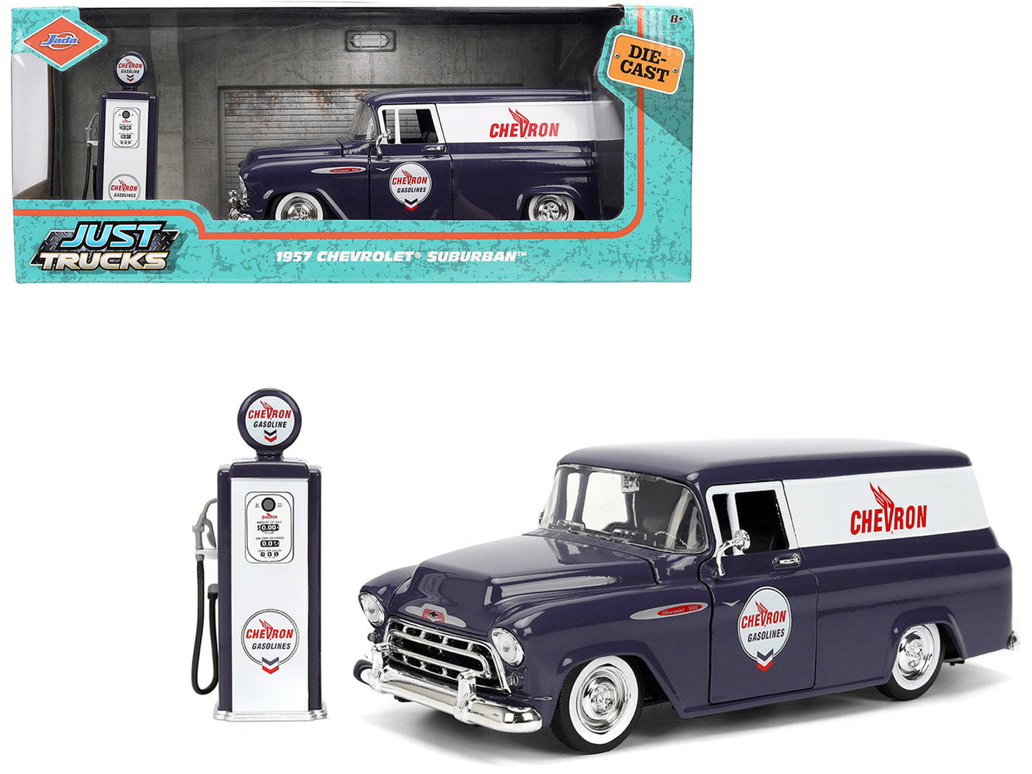 1957 Chevrolet Suburban "Chevron" Dark Blue with White Stripes and Chevron Gas Pump "Just Trucks" Series 1/24 Diecast Model Car by Jada free shipping USA