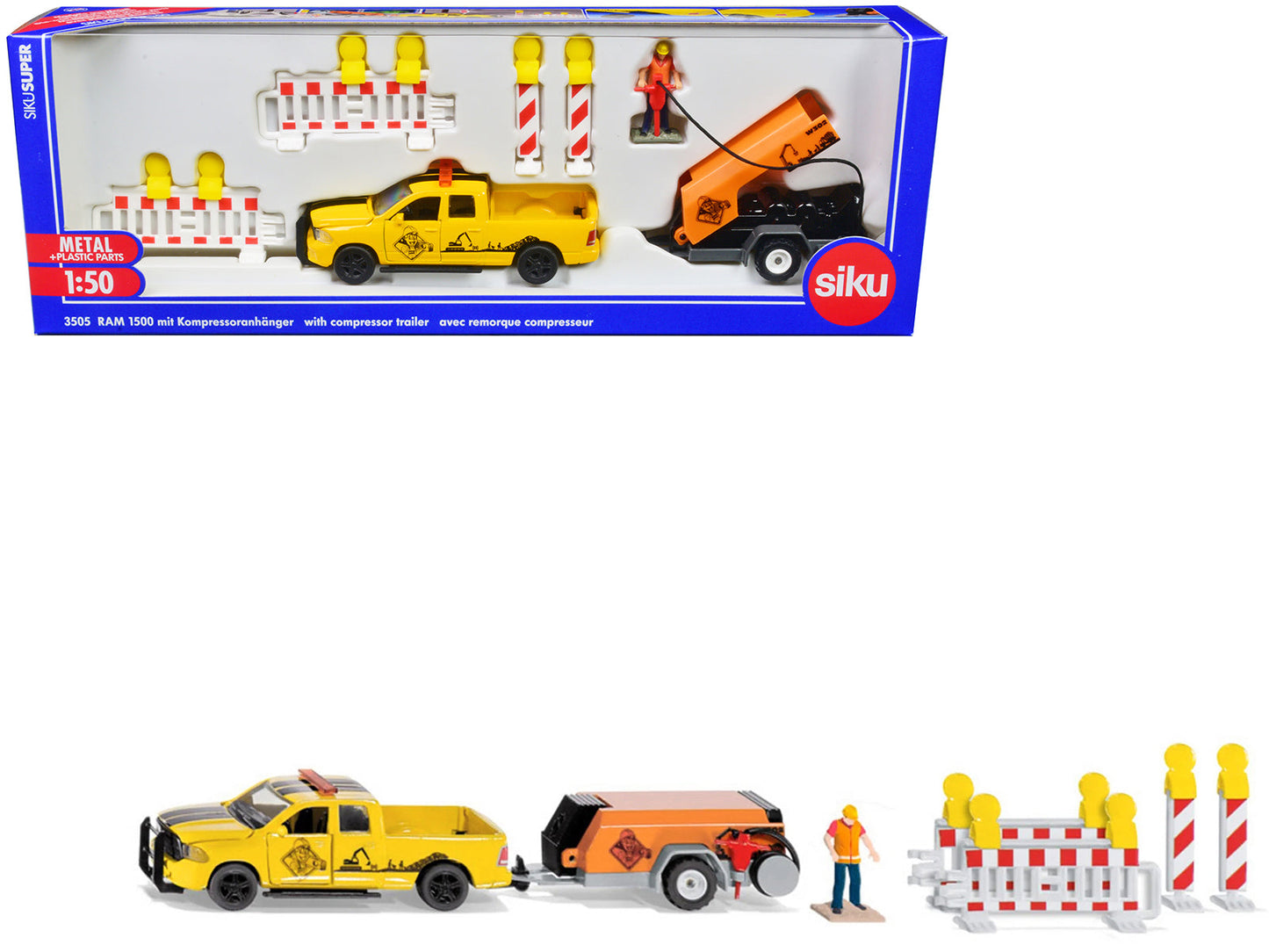 Ram 1500 Pickup Truck Yellow with Compressor Trailer and Worker Figure with Accessories Set 1/50 Diecast Models by Siku free shipping USA