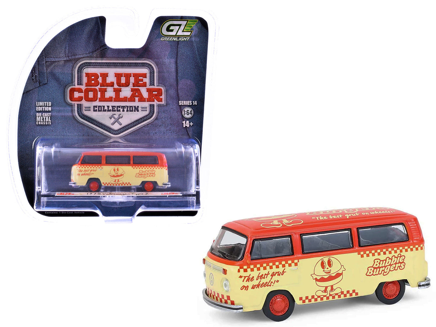 1975 Volkswagen Type 2 Van "Bubbie Burgers Food Truck" Orange and Cream "Blue Collar Collection" Series 14 1/64 Diecast Model Car by Greenlight free shipping USA