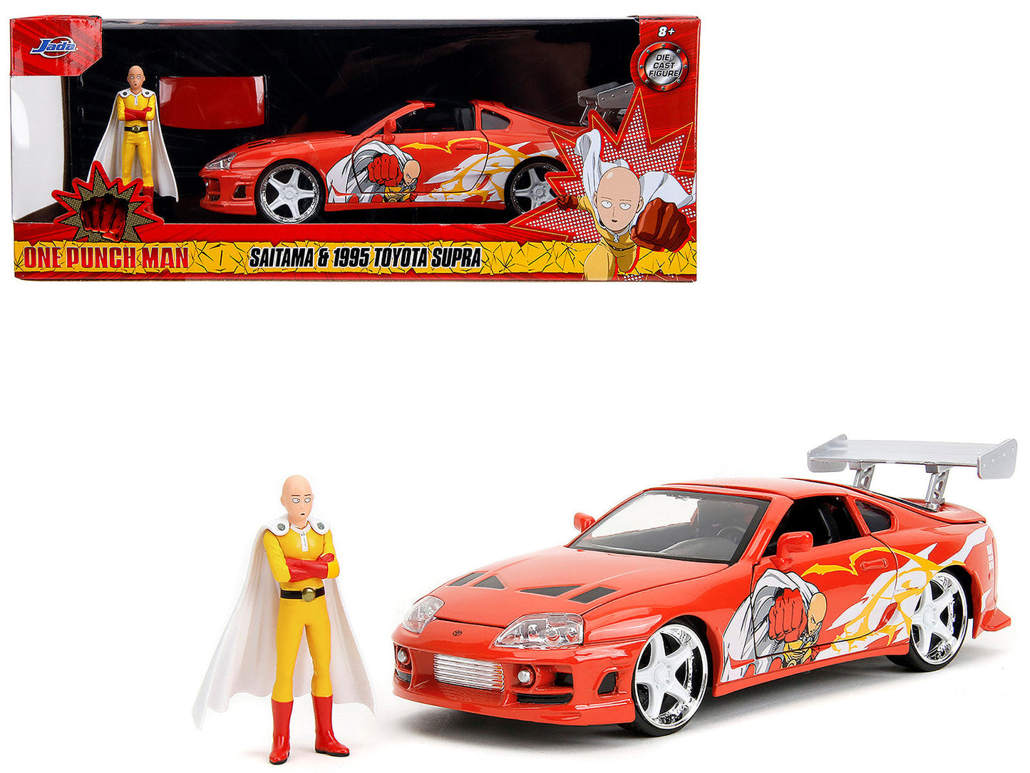 1995 Toyota Supra Red with Graphics and Saitama Diecast Figure "One Punch Man" (2015-2019) TV Series 1/24 Diecast Model by Jada free shipping USA