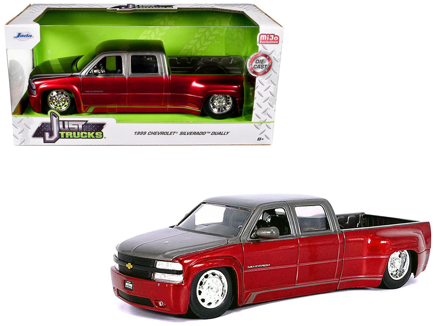 1999 Chevrolet Silverado Dually Pickup Truck Red Metallic and Gray with Stock Wheels "Just Trucks" Series 1/24 Diecast Model Car by Jada free shipping USA