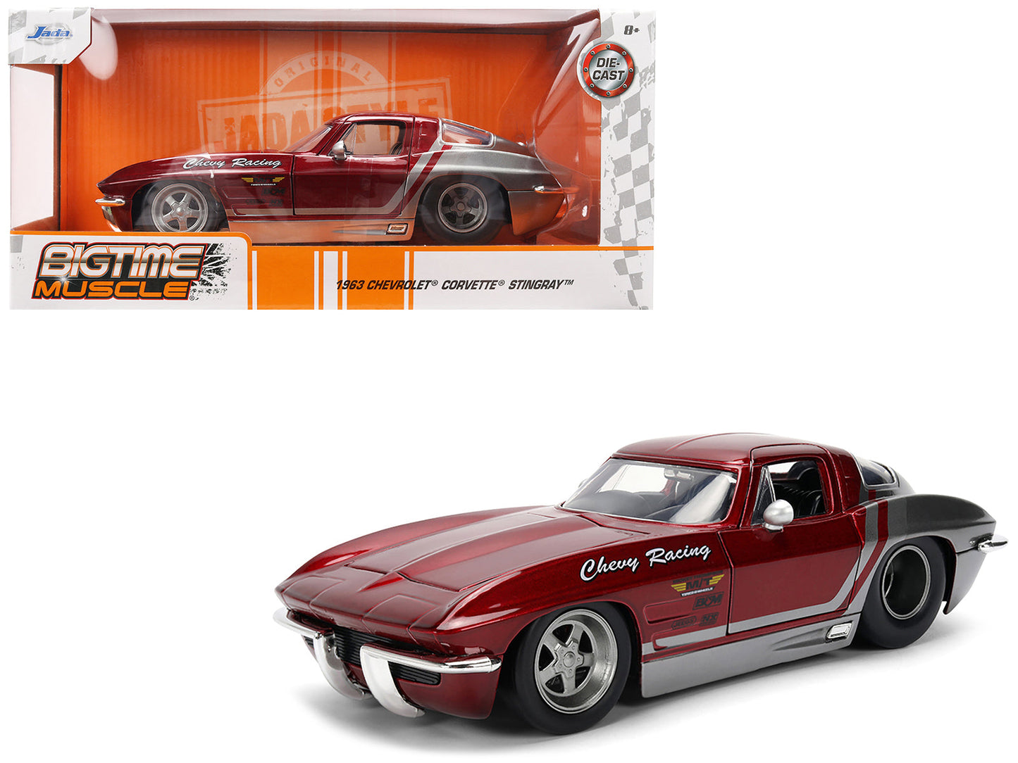 1963 Chevrolet Corvette Stingray "Chevy Racing" Red Metallic and Gray "Bigtime Muscle" Series 1/24 Diecast Model Car by Jada free shipping USA