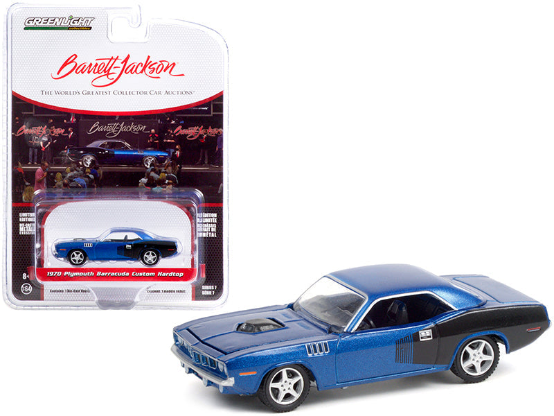 1970 Plymouth Barracuda Custom Hardtop Blue Metallic and Black with Modern HEMI Lettering (Lot #720) Barrett Jackson "Scottsdale Edition" Series 7 1/64 Diecast Model Car by Greenlight free shipping USA