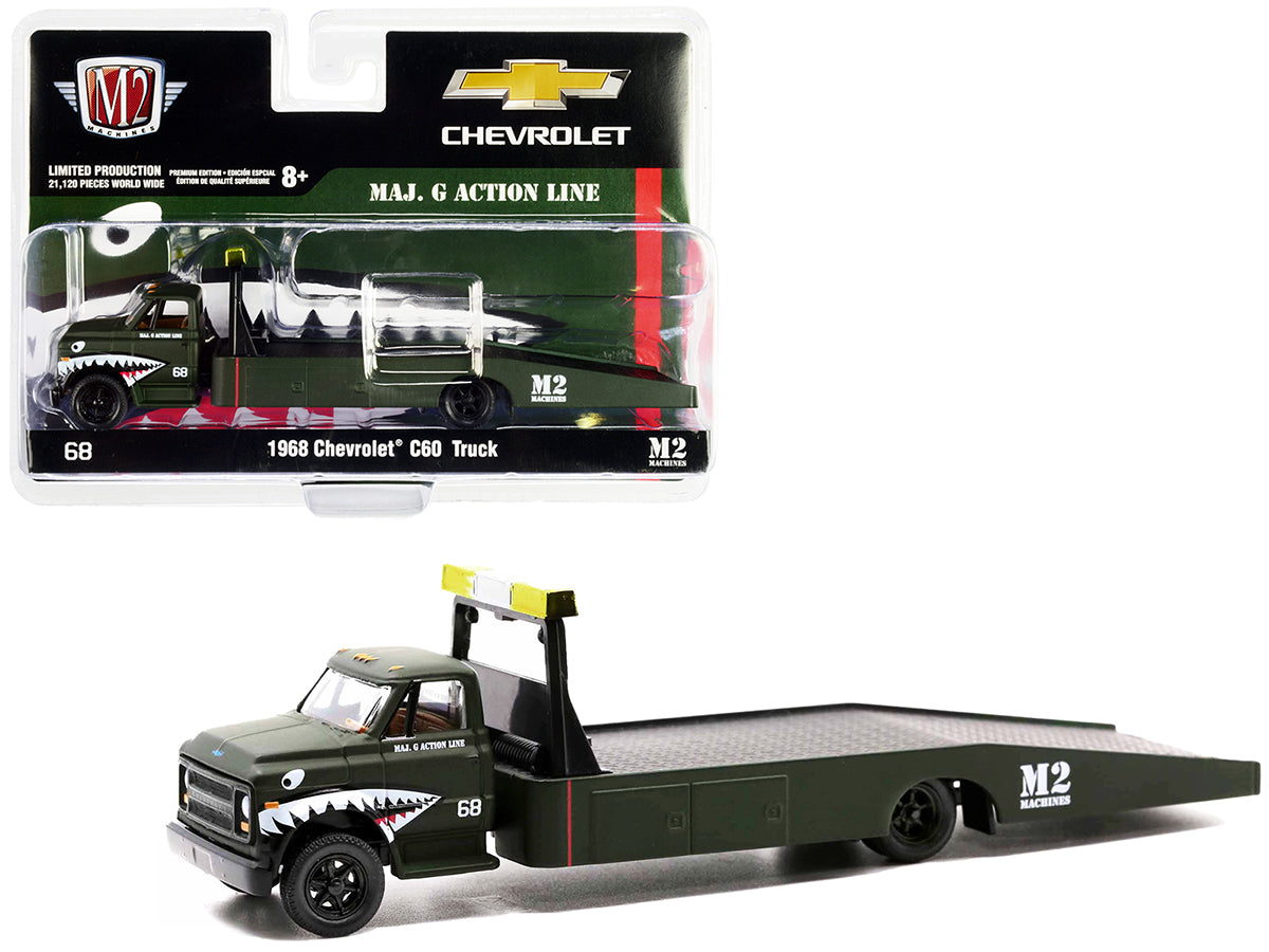 1968 Chevrolet C60 Flatbed Truck #68 Matt Dark Green with Graphics "Maj. G Action Line" Limited Edition to 21120 pieces Worldwide 1/64 Diecast Model by M2 Machines free shipping USA