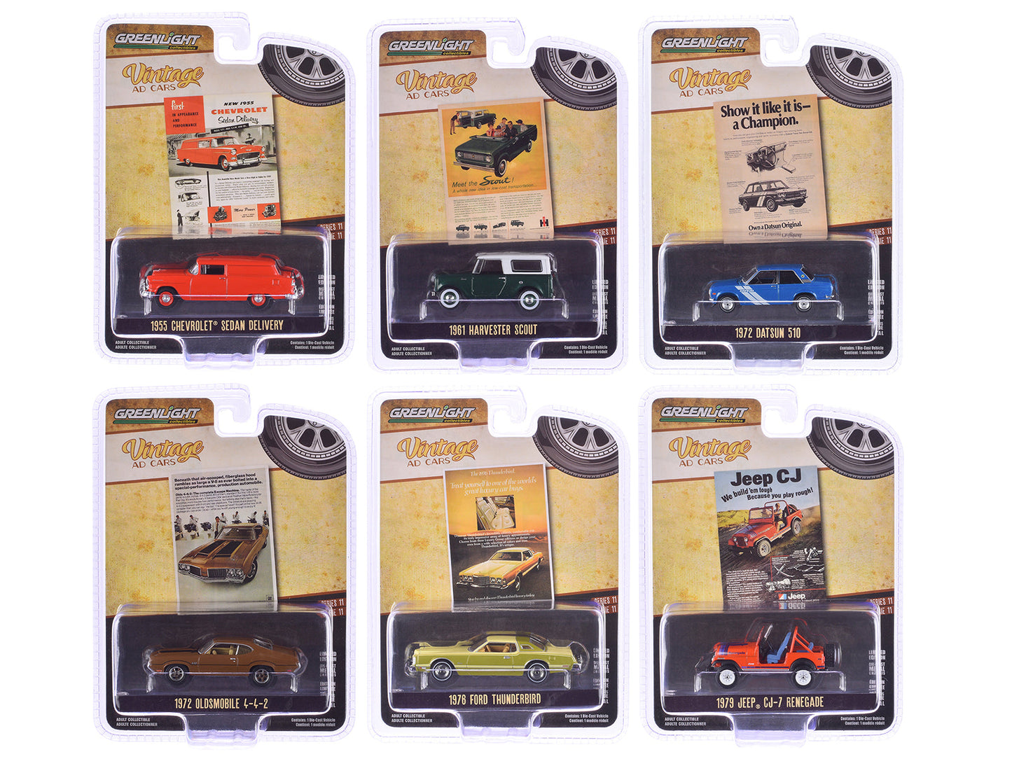"Vintage Ad Cars" Series 11 Set of 6 pieces 1/64 Diecast Model Cars by Greenlight free shipping USA