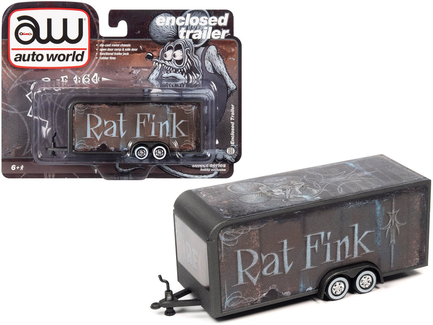 4-Wheel Enclosed Car Trailer Dark Gray with Graphics "Rat Fink" 1/64 Diecast Model by Auto World free shipping USA