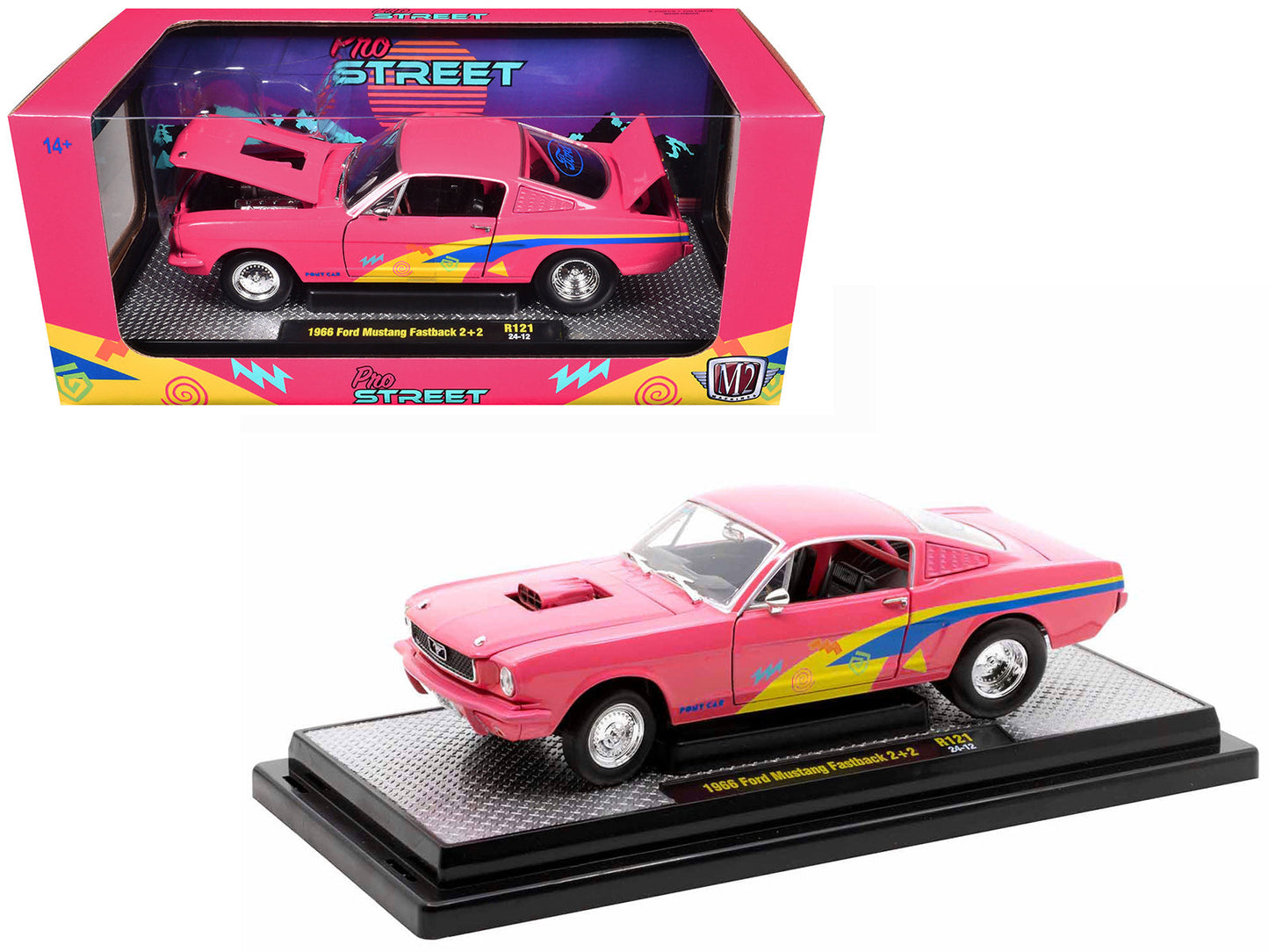 1966 Ford Mustang Fastback 2+2 Pink with Blue and Yellow Stripes "Pro Street" Limited Edition to 6250 pieces Worldwide 1/24 Diecast Model Car by M2 Machines free shipping USA