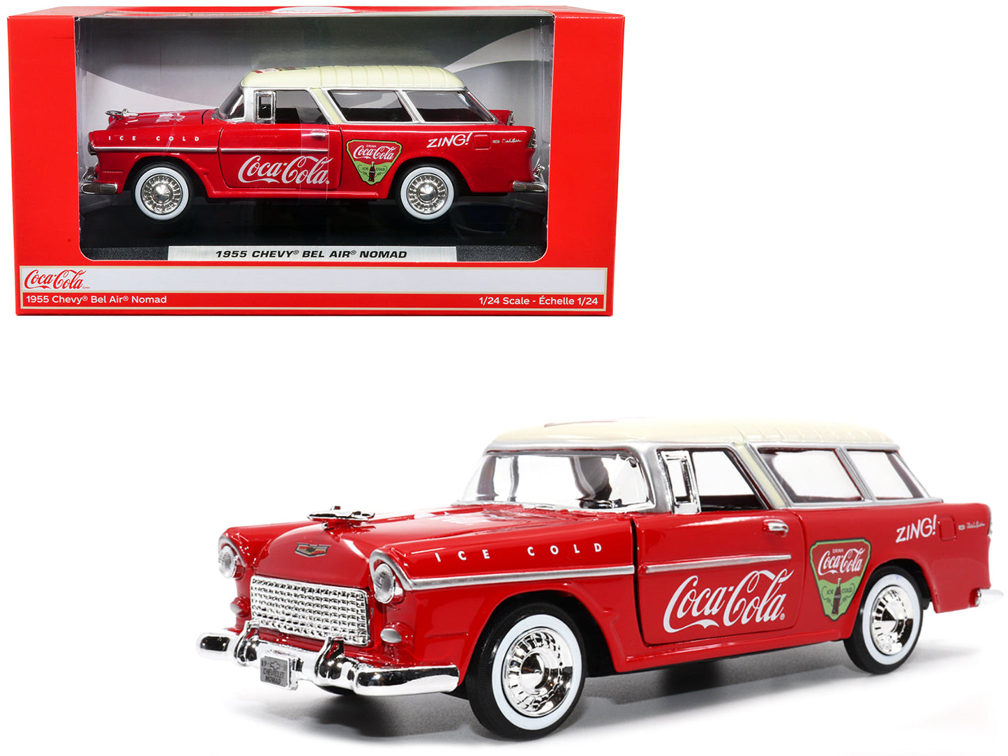 1955 Chevrolet Bel Air Nomad Red with White Top "Coca-Cola" 1/24 Diecast Model Car by Motor City Classics free shipping USA