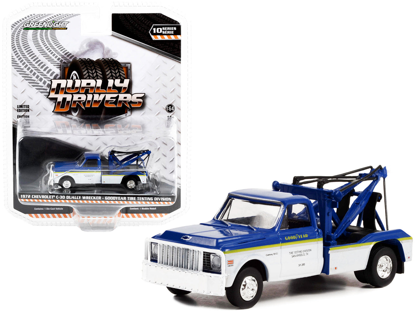 1972 Chevrolet C-30 Dually Wrecker Truck White and Blue with Yellow Stripes "Goodyear Tire Testing Division" "Dually Drivers" Series 10 1/64 Diecast Model Car by Greenlight free shipping USA
