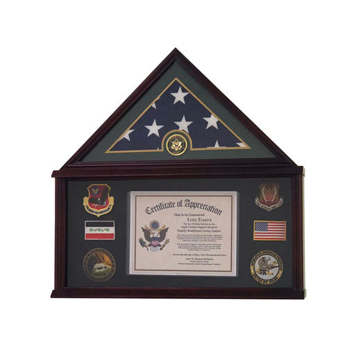Flags Connections - Large Military Shadow Box Frame Memorial Burial Funeral Flag Display Case for 5x9 Flag, Solid Wood with Armed Forces Emblems.