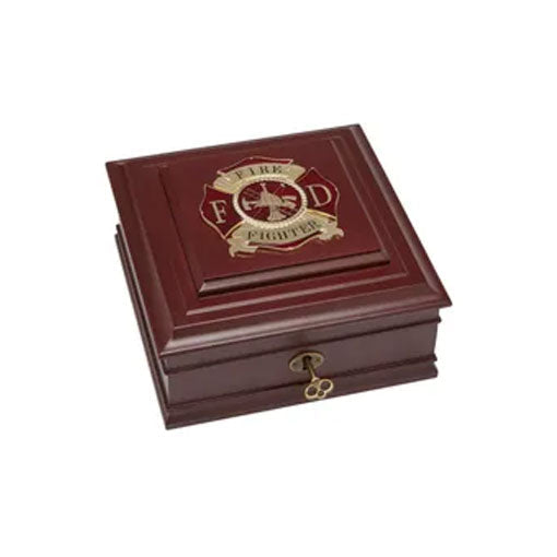Firefighter Medallion Desktop Box, Mahogany colored wood