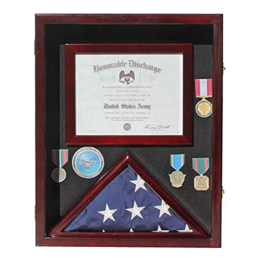Military Shadow Box 3'X5' Flag Display Case, with Certificate Frame Mahogany Finish FC17.