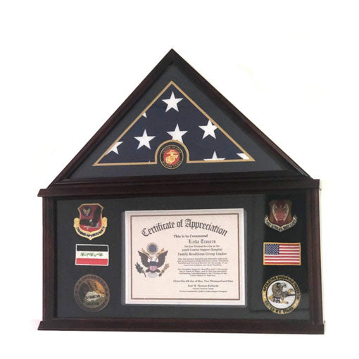 Large Military Shadow Box Frame Memorial Burial Funeral Flag Display Case for 5x9 Flag, Solid Wood (Mahogany) - Marine.