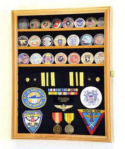 Challenge Coin/Medals/Pins/Badges/Ribbons/Insignia/Buttons Chips Combo Display Case Box Cabinet (Oak Finish)