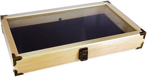Flag Connection Natural Wood Color Wooden Tempered Glass Jewelry Display Case with Black Velvet Pad