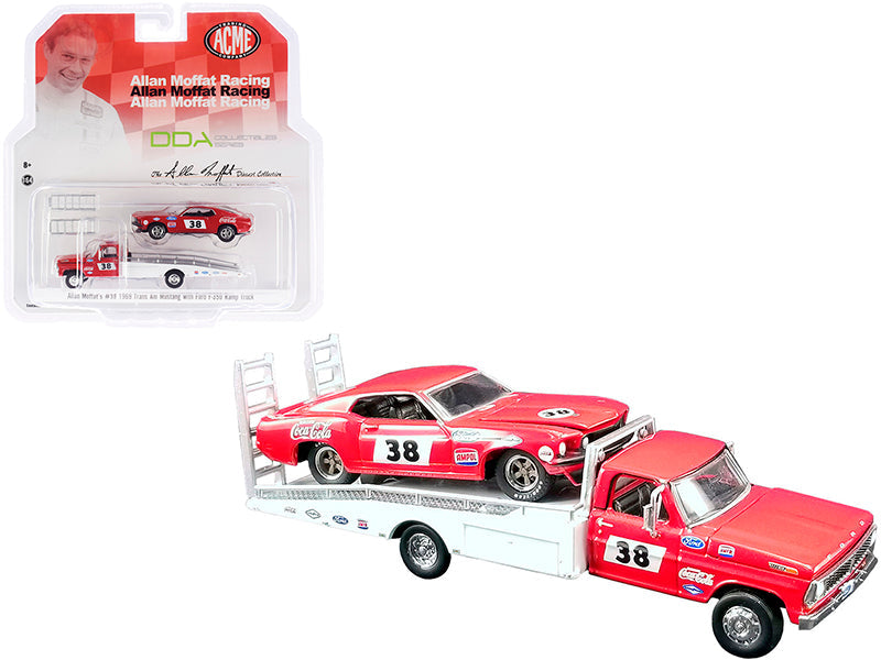 Ford F-350 Ramp Truck #38 Red and White with 1969 Ford Mustang Trans Am #38 Red "Coca-Cola" Allan Moffat Racing "DDA Collectibles" Series "ACME Exclusive" 1/64 Diecast Model Cars by Greenlight for ACME free shipping USA