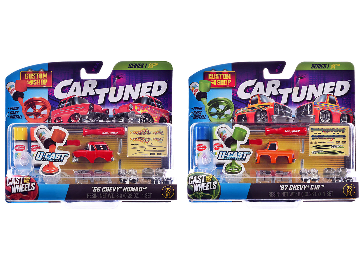 1987 Chevrolet C10 Pickup Truck Orange and 1956 Chevrolet Nomad Red "Custom Shop" 2 Car Set Diecast Model Cars by CarTuned free shipping USA