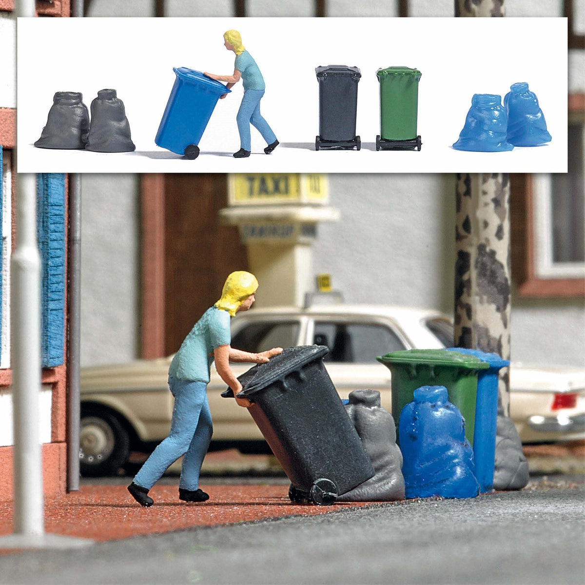 Busch 7874 HO Scale Woman with Trash Bins Action Set