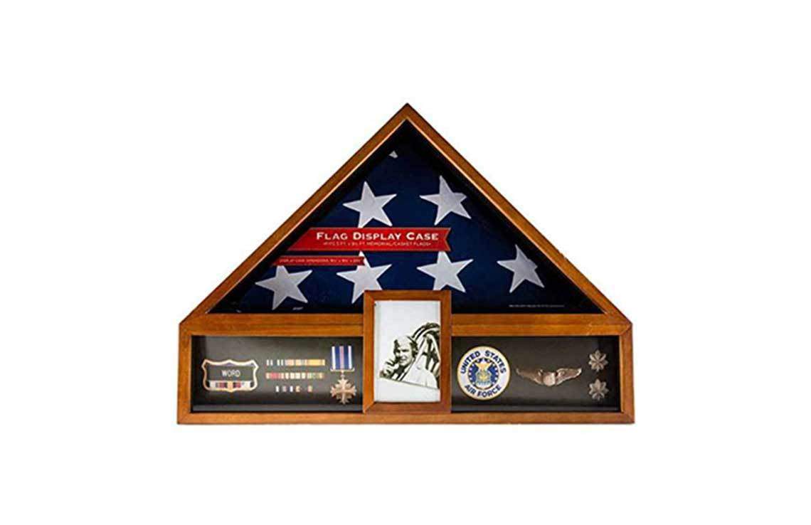 Military Veteran Flag and Medal Display Case - Cherry Shadow Box