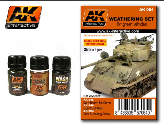 AK Interactive 64 Green Vehicle Washes & Grime Enamel Paint Set (24, 45, 46)