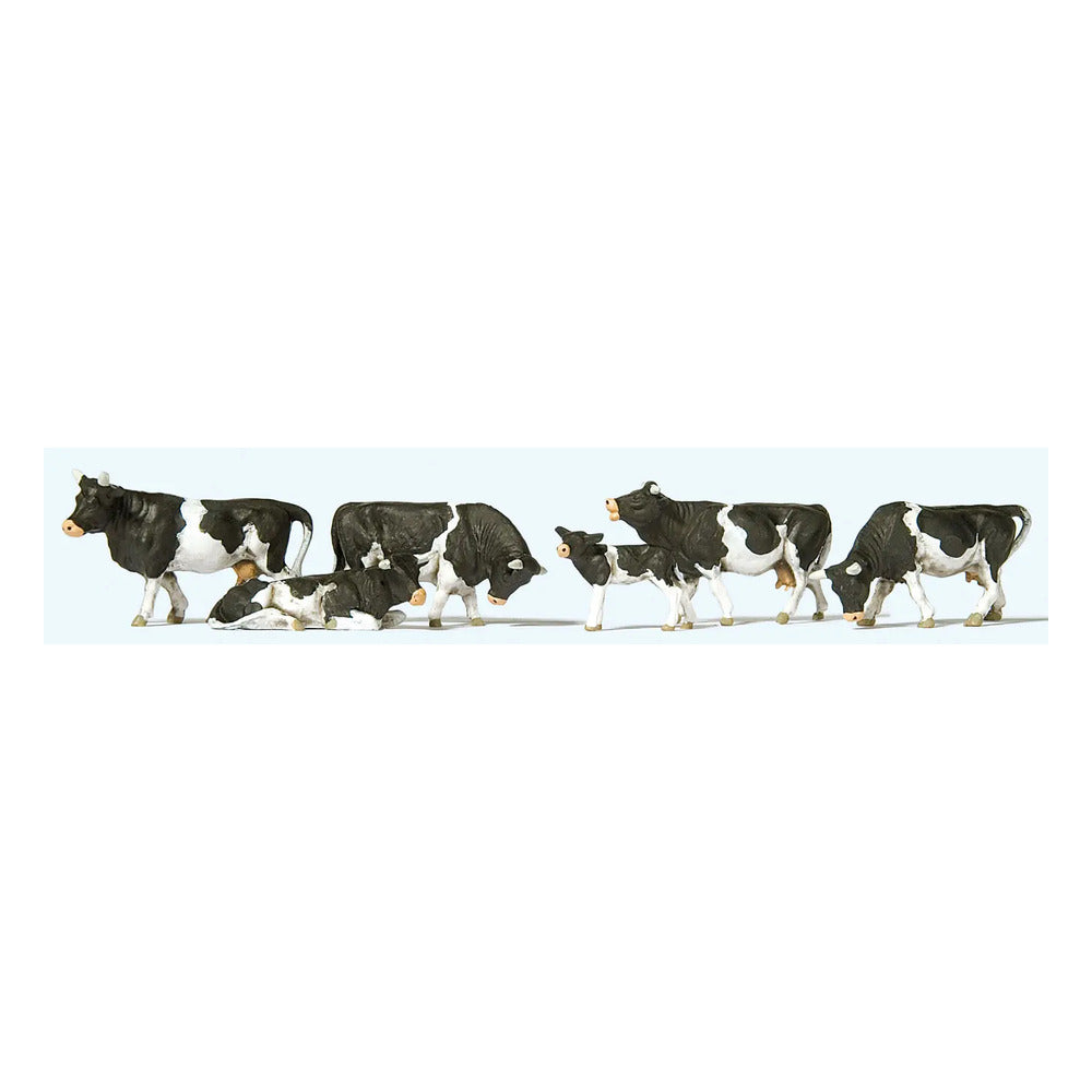 Preiser 10145 HO Scale Cows Black, White pkg(6)