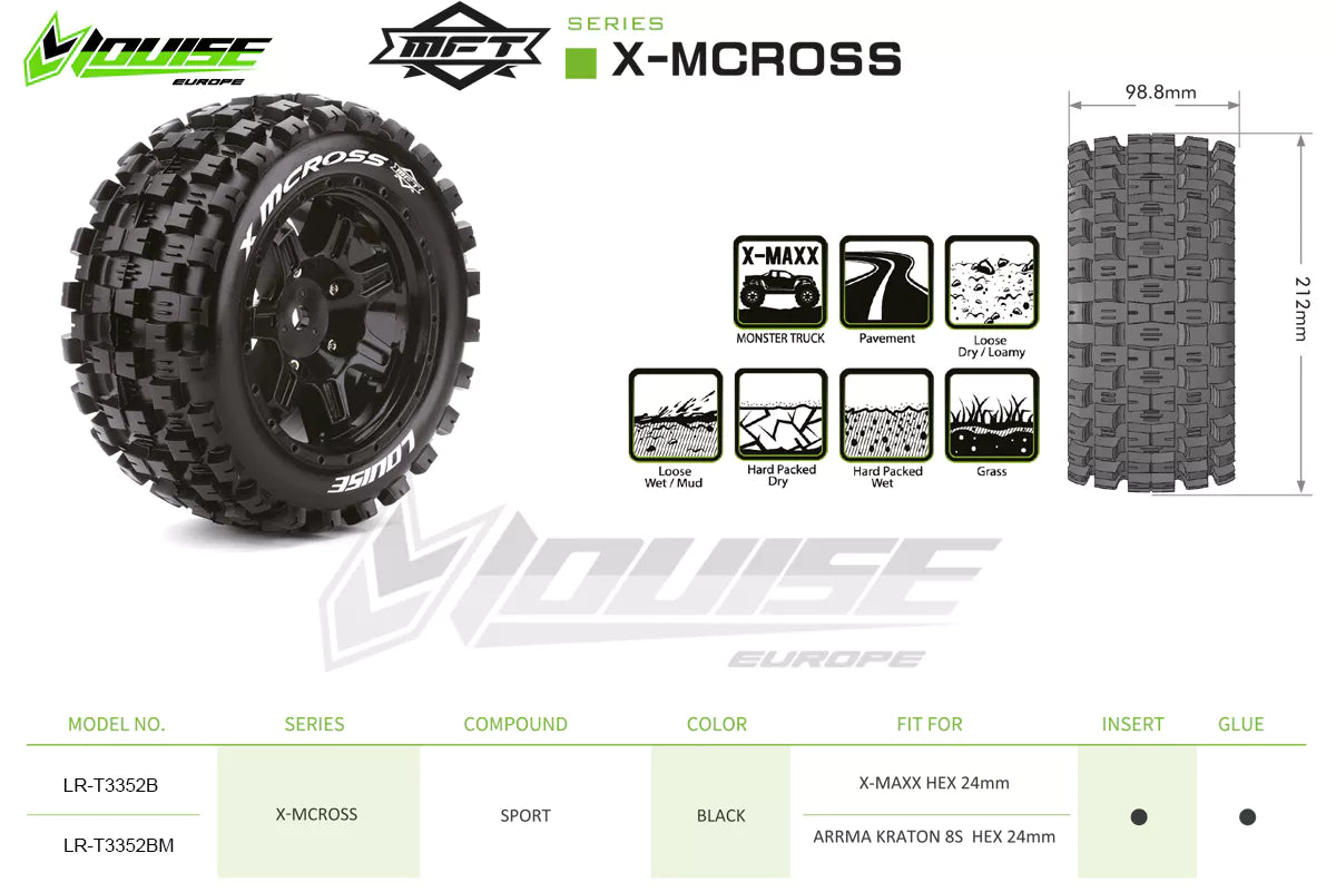 Louise R/C MFT X-Mcross Sport Monster Truck Belted Tires 24mm Hex Mounted (2) Arrma Kraton 8S LT3352BM