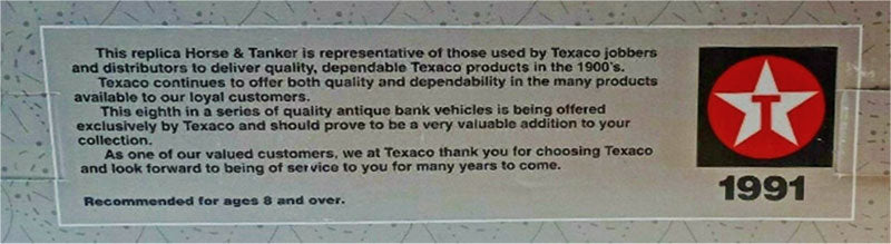 Ertl 9390 1/32 Texaco #8 1991 Horses and Tanker Wagon Bank
