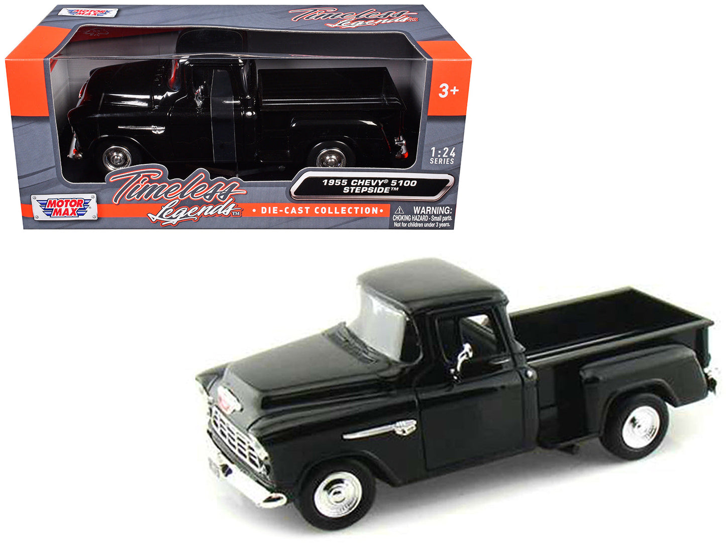 1955 Chevrolet 5100 Stepside Pickup Truck Black 1/24 Diecast Car Model by Motormax free shipping USA
