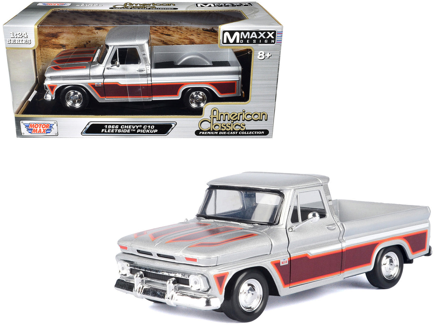 1966 Chevrolet C10 Fleetside Pickup Truck Silver Metallic with Brown Sides "American Classics" Series 1/24 Diecast Model Car by Motormax free shipping USA