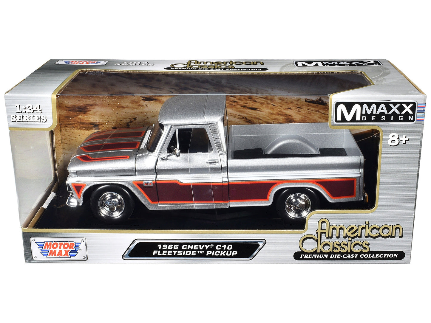 1966 Chevrolet C10 Fleetside Pickup Truck Silver Metallic with Brown Sides "American Classics" Series 1/24 Diecast Model Car by Motormax