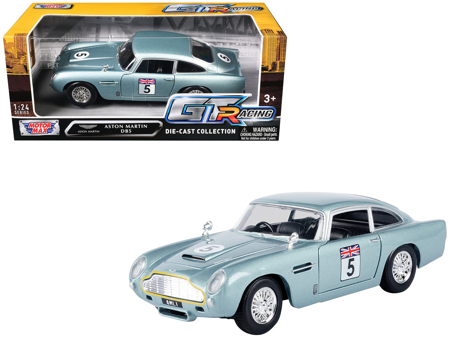 Aston Martin DB5 RHD (Right Hand Drive) #5 Light Blue Metallic "GT Racing" Series 1/24 Diecast Model Car by Motormax free shipping USA