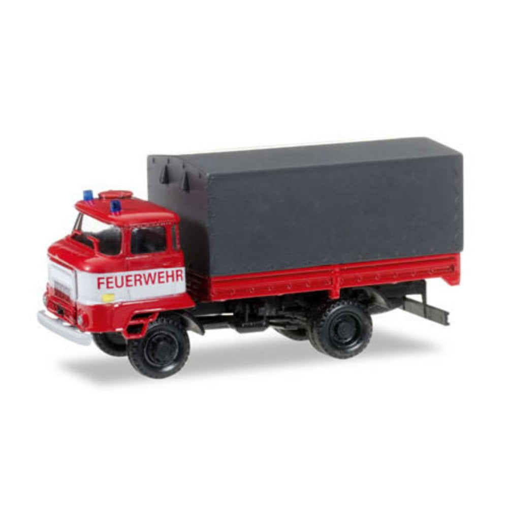 Herpa 745314 HO Scale Ifa L 60 Low-Side Truck w/Tarp Cover - Assembled -- East German Army (Fire Service; red, white, black; German Lettering)