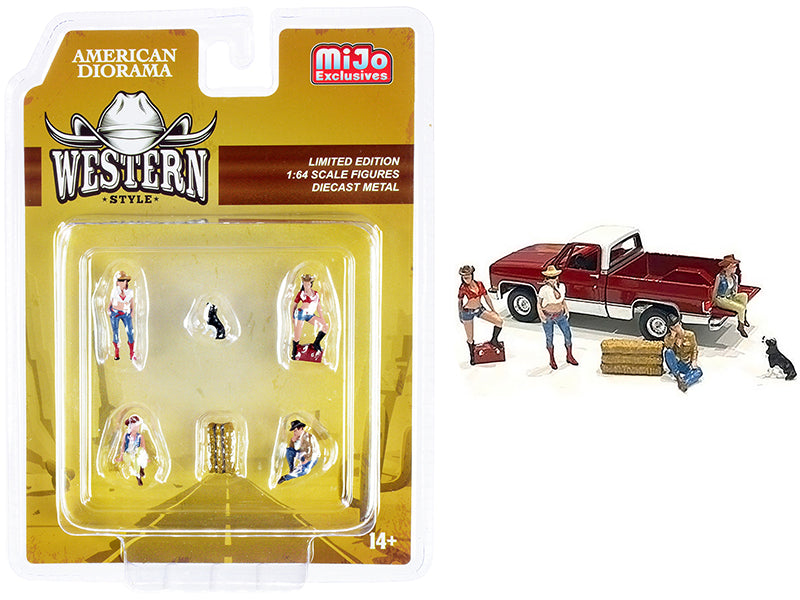"Western Style" 6 piece Diecast Set (4 Figurines and 2 Accessories) for 1/64 Scale Models by American Diorama free shipping USA