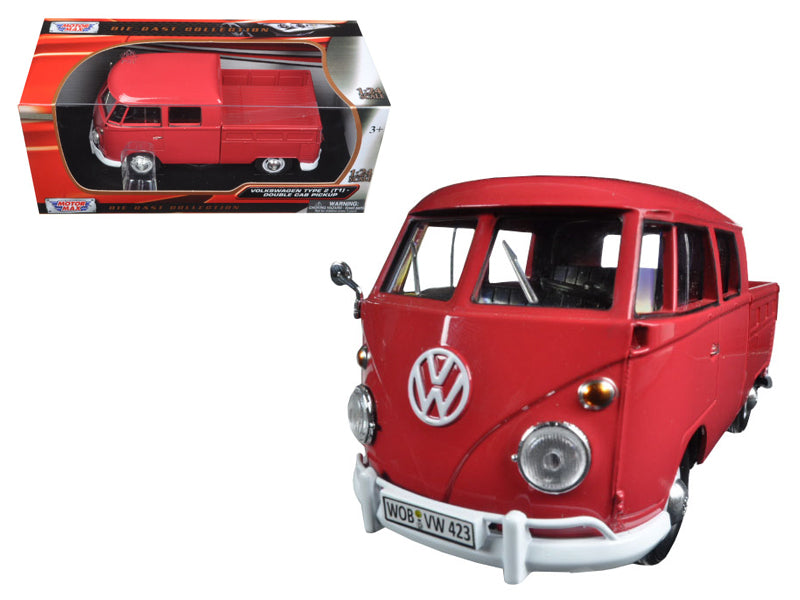Volkswagen Type 2 (T1) Double Cab Pickup Truck Wax Red 1/24 Diecast Model Car by Motormax free shipping USA