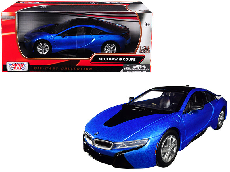 2018 BMW i8 Coupe Metallic Blue with Black Top 1/24 Diecast Model Car by Motormax free shipping USA