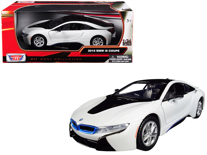 2018 BMW i8 Coupe Metallic White with Black Top 1/24 Diecast Model Car by Motormax free shipping USA